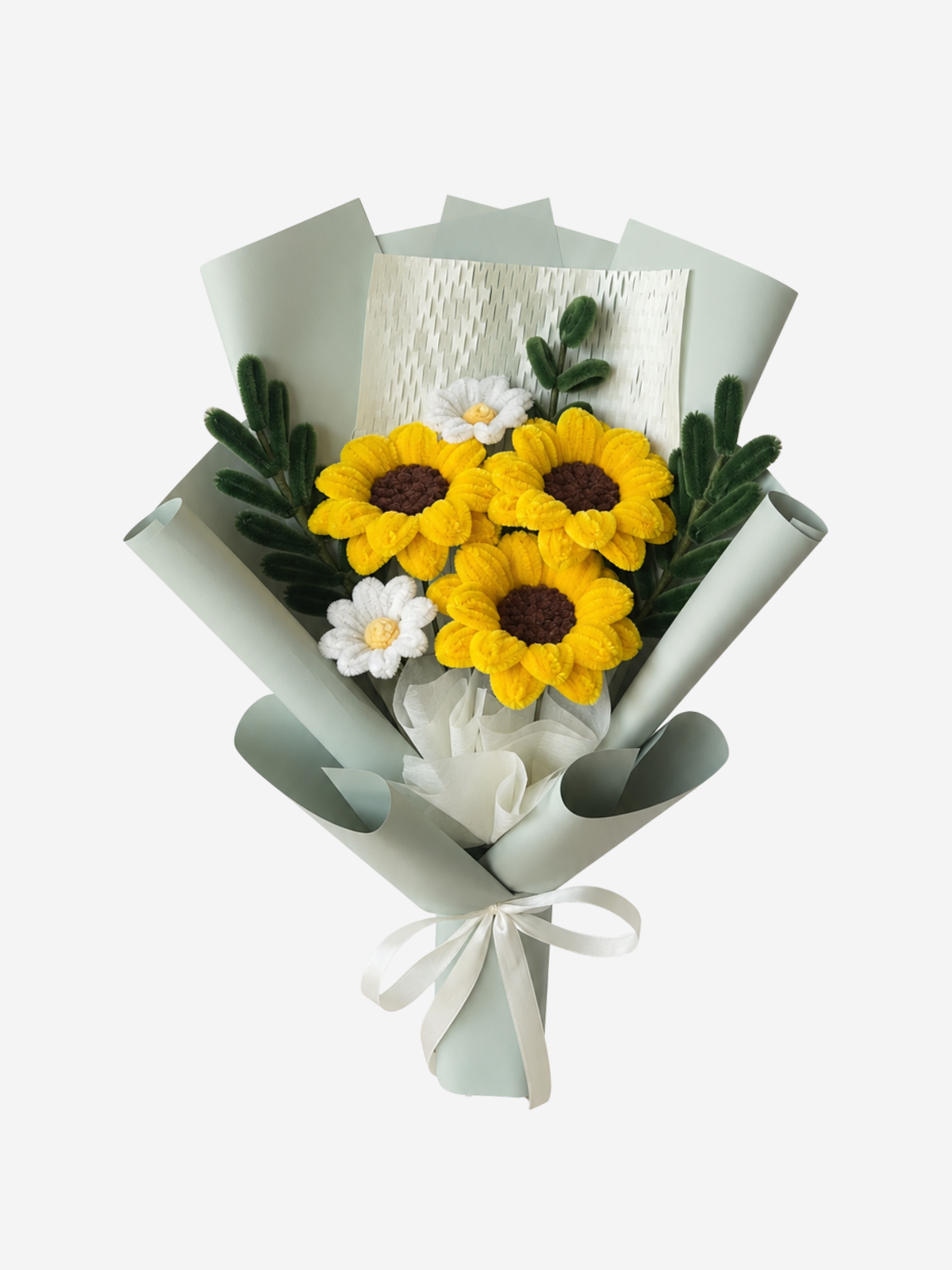 Sunflower Shine — handmade pipe cleaner flower (ดอกไม้ถักมือ) by Flowerest.bkk. ช่อทานตะวัน 3 ดอก ขนาดกำลังดี ส่งต่อความสดใส 🌻