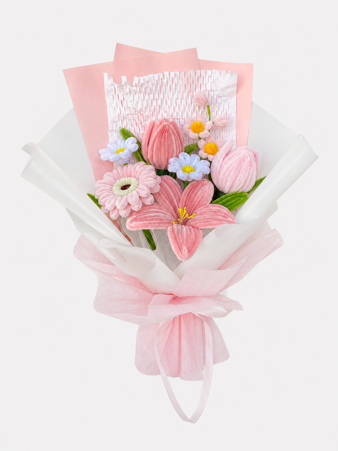 First Date — handmade pipe cleaner flower (ดอกไม้ถักมือ) by Flowerest.bkk. ช่อทิวลิปชมพูขาว แซมลิลลี่และเกอร์เบร่า หวานละมุนสไตล์เฟรนช์ เหมาะกับวันพิเศษ
