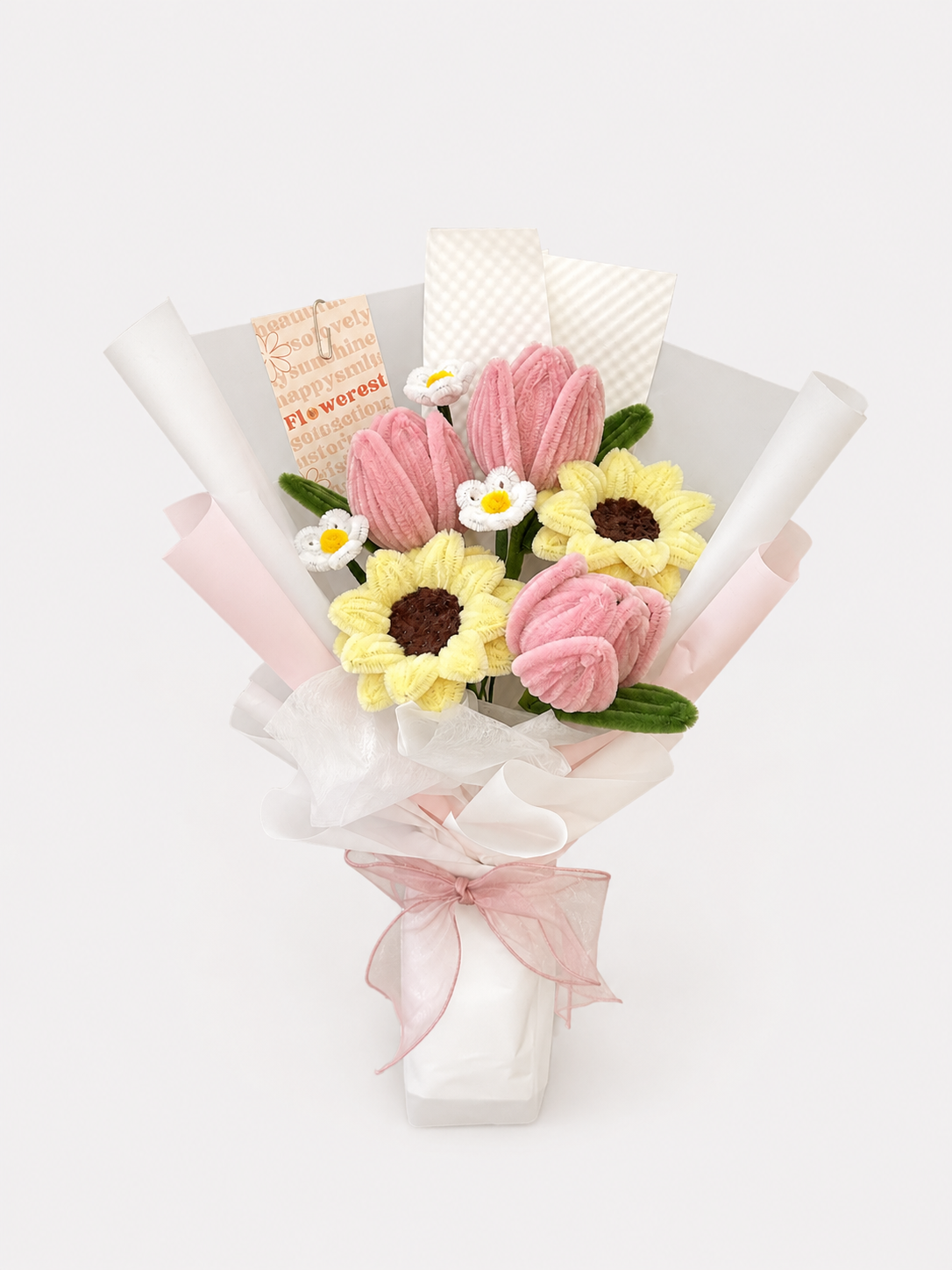 Sweetest Sunrise — handmade pipe cleaner flower (ดอกไม้ถักมือ) by Flowerest.bkk. ช่อทานตะวันแซมทิวลิปชมพู สีสันสดใสยามเช้า