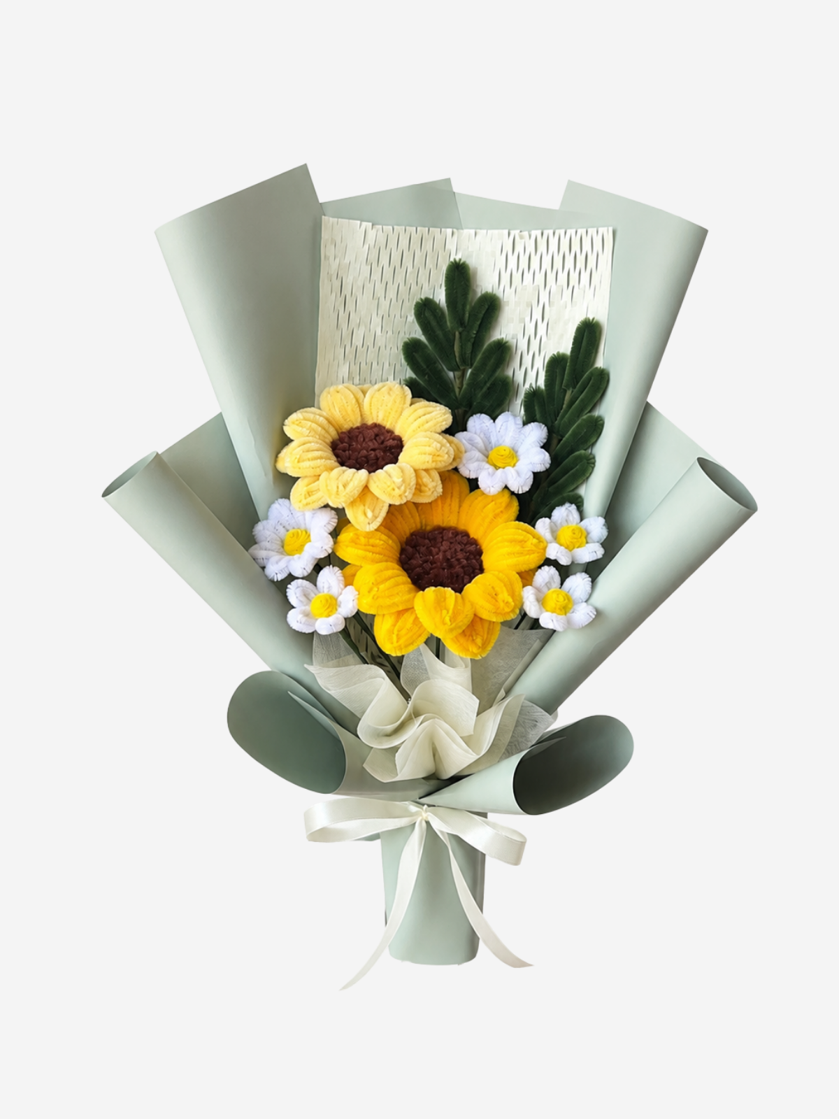 Sunflower Two Tones in Garden — handmade pipe cleaner flower (ดอกไม้ถักมือ) by Flowerest.bkk. ช่อทานตะวันทูโทน ผสมสีอ่อน สีเข้ม แซมด้วยดอกเดซี่น่ารัก